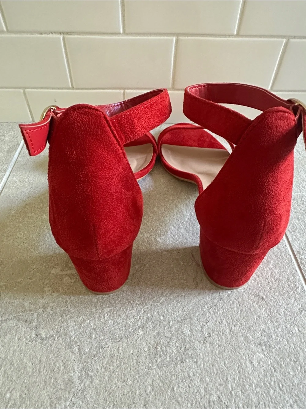 Allegra K Red Faux Suede Ankle-Strap Block Heel Sandals